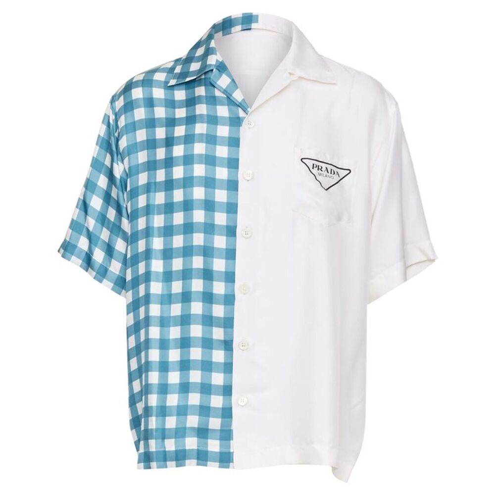 PRADA 2023 Double Match Vichy Split Gingham Check white silk bowling shirt S